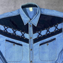 Load image into Gallery viewer, Vintage Cowboy Western Black Lace-Up Panel Blue Denim Cotton Long Sleeve Shirt
