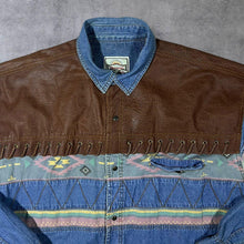 Load image into Gallery viewer, Vintage Stockerpoint Cowboy Western Leather Panel Popper Blue Denim Long Sleeve Shirt
