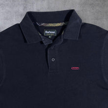 Load image into Gallery viewer, Barbour &quot;Classic Tartan&quot; Plaid Check Elbow Patch Navy Blue Long Sleeve Cotton Polo Shirt
