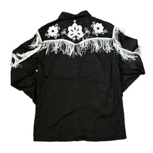 Load image into Gallery viewer, Cowboy Western Tasselled Floral Patterned Black Satin Effect Long Sleeve Shirt
