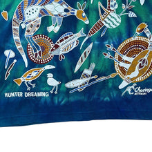 Load image into Gallery viewer, Vintage Churinga "Hunter Dreaming" Australia Aboriginal Art Souvenir Tie Dye T-Shirt
