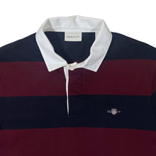 Load image into Gallery viewer, Gant Embroidered Mini Logo Burgundy Navy Blue Striped Long Sleeve Rugby Polo Shirt
