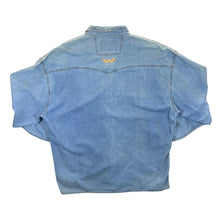 Load image into Gallery viewer, Vintage Shooter Cowboy Western Popper Button Blue Denim Long Sleeve Shirt
