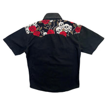 Load image into Gallery viewer, La Rocka! Biker Rockabilly Gothic Skull Rose Patterned Popper Short Sleeve Black Shirt
