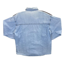 Load image into Gallery viewer, Vintage Cowboy Western Brown Leather Panel Blue Denim Popper Long Sleeve Shirt
