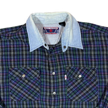 Load image into Gallery viewer, Vintage 90's MAPLE IMPORTERS Denim Contrast Trim Plaid Check Long Sleeve Flannel Shirt
