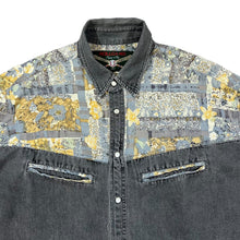 Load image into Gallery viewer, Vintage 90&#39;s BOLLGAMES Crazy Pattern Panel Pearl Snap Popper Long Sleeve Grey Denim Shirt
