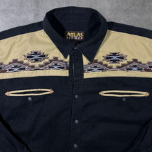 Load image into Gallery viewer, Vintage Atlas For Men Cowboy Western Embroidered Aztec Black Cotton Long Sleeve Shirt

