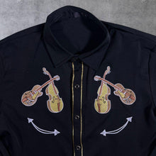 Load image into Gallery viewer, Cowboy Western Embroidered Guitar Black Polyester Spandex Long Sleeve Shirt

