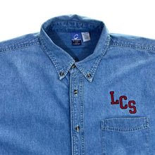 Load image into Gallery viewer, Vintage Port and Company "LCS" College Long Sleeve Button-Up Blue Denim Shirt
