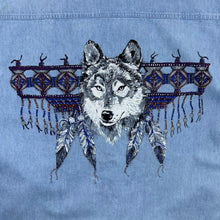 Load image into Gallery viewer, South Bay &quot;Route 66&quot; Wolf Native American Graphic Blue Denim Long Sleeve Button-Up Shirt
