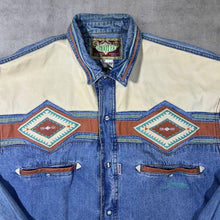 Load image into Gallery viewer, Vintage Shooter Cowboy Western Embroidered Aztec Blue Denim Popper Long Sleeve Shirt
