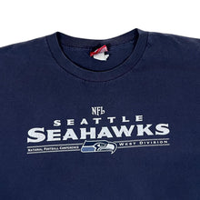 Load image into Gallery viewer, NFL Seattle Seahawks Football Logo Spellout Graphic Navy Blue T-Shirt

