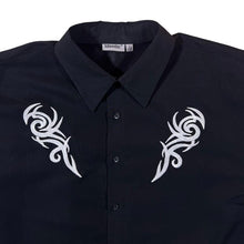 Load image into Gallery viewer, Early 00&#39;s Identic Y2K Tribal Biker Embroidered Black Polyester Short Sleeve Shirt
