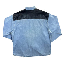 Load image into Gallery viewer, Vintage Arizona Cowboy Western Faux Leather Panel Blue Denim Popper Long Sleeve Shirt
