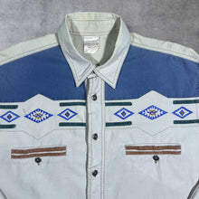 Load image into Gallery viewer, Vintage Cowboy Western Embroidered Aztec Native Cream Blue Cotton Long Sleeve Shirt
