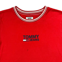 Load image into Gallery viewer, Tommy Jeans Tommy Hilfiger Logo Spellout Graphic Striped Trim Cotton T-Shirt
