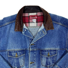 Load image into Gallery viewer, Vintage 90&#39;s MARLBORO COUNTRY STORE Brown Leather Collared Blue Denim Trucker Jacket
