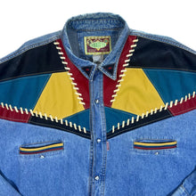 Load image into Gallery viewer, Vintage SHOOTER Leather Panel Cowboy Western Denim Long Sleeve Shirt
