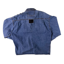 Load image into Gallery viewer, Vintage Shooter Cowboy Western Blue Denim Black Panel Popper Long Sleeve Shirt
