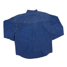 Load image into Gallery viewer, Vintage Men&#39;s Company Cowboy Western Brown Faux Leather Panel Blue Denim Shirt
