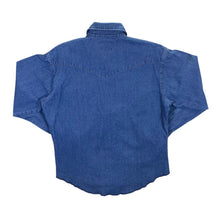 Load image into Gallery viewer, Vintage Wrangler Cowboy Western Pearl Snap Popper Blue Denim Long Sleeve Cotton Shirt
