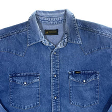 Load image into Gallery viewer, Vintage Lee &quot;Western Clothes&quot; Cowboy Pearl Snap Popper Blue Denim Long Sleeve Shirt
