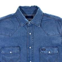 Load image into Gallery viewer, Vintage Wrangler Cowboy Western Pearl Snap Popper Blue Denim Long Sleeve Shirt
