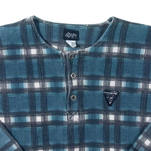 Load image into Gallery viewer, Vintage Psychotic Blue Black Plaid Check Grandad Collar Henley Long Sleeve T-Shirt
