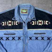 Load image into Gallery viewer, Vintage Shooter Cowboy Western Aztec Panel Blue Denim Long Sleeve Popper Shirt

