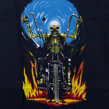 Load image into Gallery viewer, Fried Water Gothic Horror Flaming Biker Skeleton Graphic Black Shirt

