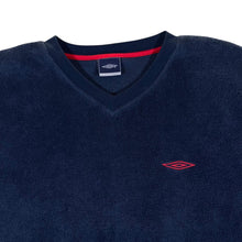 Load image into Gallery viewer, Early 00&#39;s Umbro Embroidered Mini Logo Navy Blue V-Neck Fleece Sweatshirt
