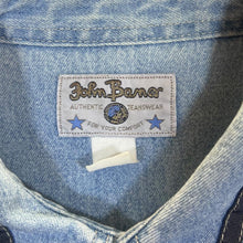 Load image into Gallery viewer, Vintage John Baner Black Panel Cowboy Western Blue Denim Popper Long Sleeve Shirt
