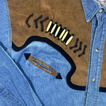 Load image into Gallery viewer, Vintage RIVERGOLD Leather Effect Panel Cowboy Western Long Sleeve Blue Denim Shirt
