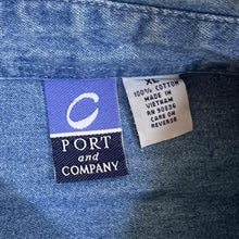 Load image into Gallery viewer, Vintage Port and Company "LCS" College Long Sleeve Button-Up Blue Denim Shirt
