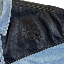 Load image into Gallery viewer, Vintage Arizona Cowboy Western Faux Leather Panel Blue Denim Popper Long Sleeve Shirt
