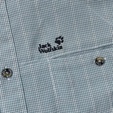 Load image into Gallery viewer, JACK WOLFSKIN &quot;Travel&quot; Embroidered Mini Logo Blue Check Outdoor Hiking Long Sleeve Shirt
