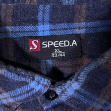 Load image into Gallery viewer, Vintage Speed.A Navy Blue Brown Plaid Check Cotton Long Sleeve Flannel Shirt

