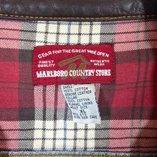 Load image into Gallery viewer, Vintage 90&#39;s MARLBORO COUNTRY STORE Brown Leather Collared Blue Denim Trucker Jacket
