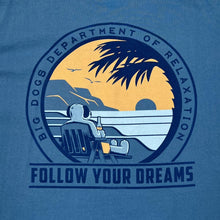 Load image into Gallery viewer, BIG DOGS “Follow Your Dreams” Surfer Sunset Cartoon Spellout Graphic T-Shirt
