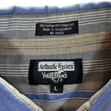 Load image into Gallery viewer, Vintage Youngbloods Western Cowboy Blue Grey Brown Striped Popper Long Sleeve Shirt
