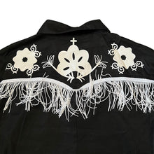 Load image into Gallery viewer, Cowboy Western Tasselled Floral Patterned Black Satin Effect Long Sleeve Shirt
