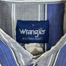 Load image into Gallery viewer, Vintage 90's Wrangler Cowboy Western Blue Grey Striped Popper Button Short Sleeve Shirt

