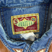 Load image into Gallery viewer, Vintage Shooter Cowboy Western Leather Panel Blue Denim Long Sleeve Popper Shirt
