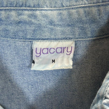 Load image into Gallery viewer, Vintage Yacary Cowboy Western Popper Leather Panel Blue Denim Long Sleeve Shirt

