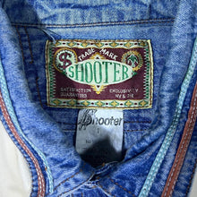 Load image into Gallery viewer, Vintage Shooter Cowboy Western Embroidered Aztec Blue Denim Popper Long Sleeve Shirt
