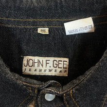 Load image into Gallery viewer, Vintage JOHN F. GEE Embroidered Horse Tassle Leather Panel Cowboy Western Black Denim Long Sleeve Shirt

