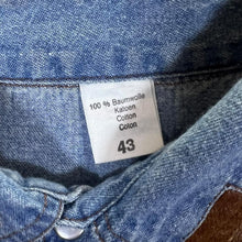 Load image into Gallery viewer, Vintage Cowboy Western Brown Lace Panel Blue Denim Popper Long Sleeve Shirt

