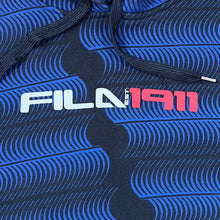 Load image into Gallery viewer, FILA Spellout Graphic Black Blue Patterned Pullover Hoodie
