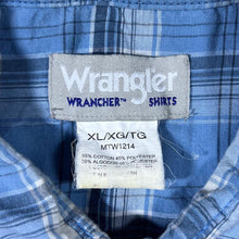 Load image into Gallery viewer, Vintage Wrangler "Wrancher" Blue Plaid Check Cowboy Western Popper Short Sleeve Shirt
